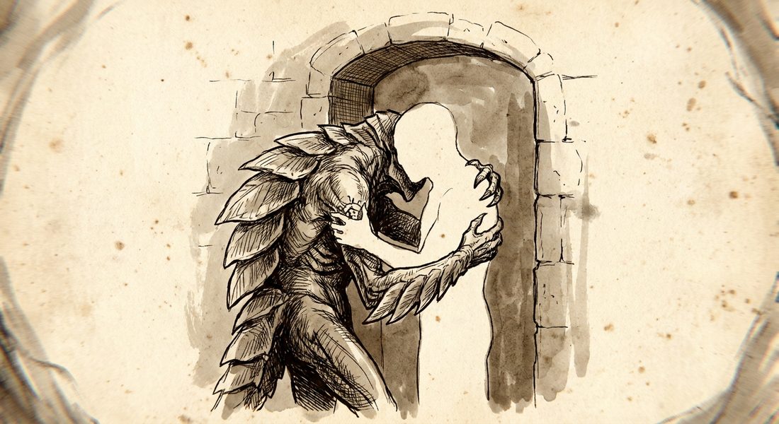 Ædri, rendered. Two figures in an embrace. She is drawn in ink and heat bloom, forearm flanges spread, because her species runs hot enough to read as fever. The one she is holding is drawn in nothing at all.