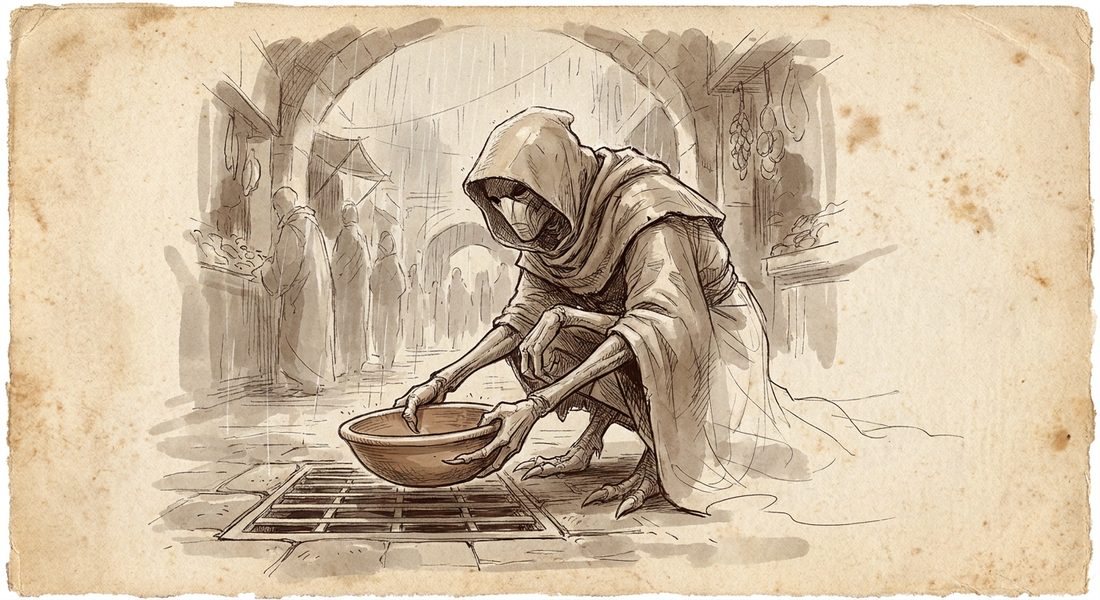 Ashvi. Puts a bowl out at fourteen past every tick, not to catch anything, has done since she was small: two fingers underneath, one on the rim so it does not ring on the grating, then dries it whether it is wet or not. Carries all nine generations of the rain story in the right order, and knows which generation is the one that matters, and it is not the woman who first said it. Asked a stranger twice, once at her stall and once at the transit dock, whether he was all right.