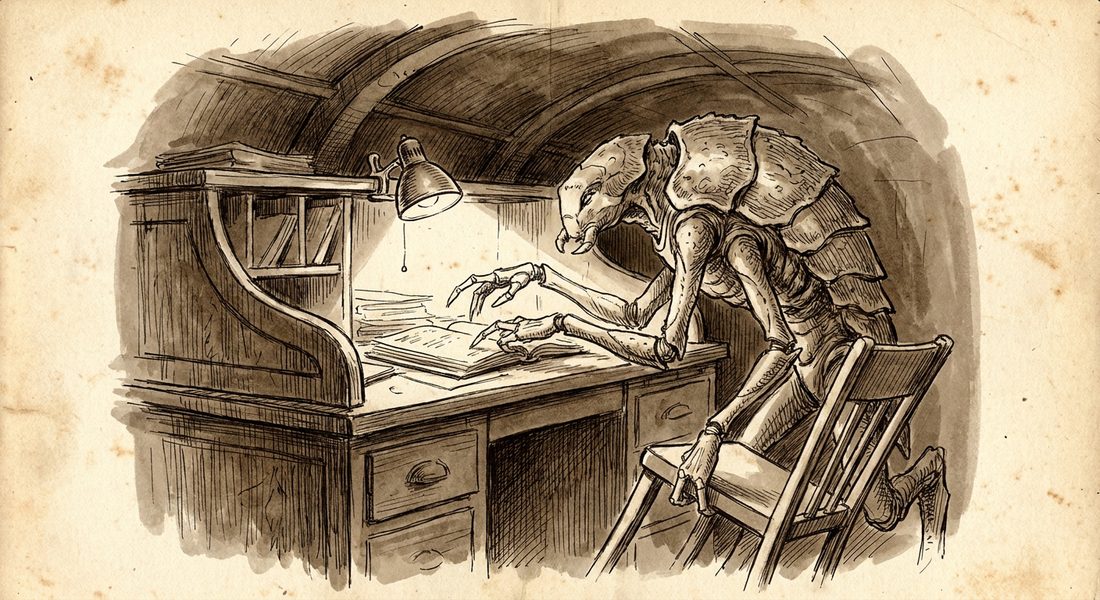 Danvik. Works the counter at the Deep Registry Annexe with a hand lamp clipped at his collar and turned down, so the light lands only on the paper in front of him. Went off without being asked and came back with a chair before starting the search. Found the correspondent's own accreditation, unlapsed by a filing error a very long time old, in six minutes without hesitating, then raised it as unvalidated, telling him first exactly what that would do and waiting until he said he understood.