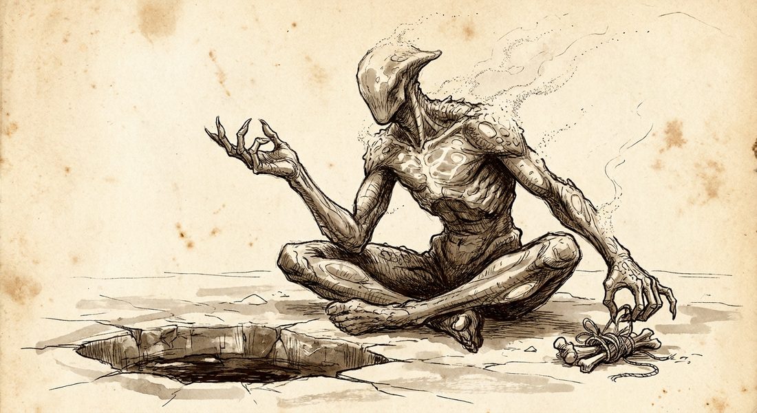 Feeriko, rendered. God-blooded, and drawn that way: ice-light under the skin, scales surfacing at the forearms, snow falling out of her rather than onto her. She married the serpent and bore his children, so the snow on that world is her husband's scales. Hands raised mid sentence, entirely legible.