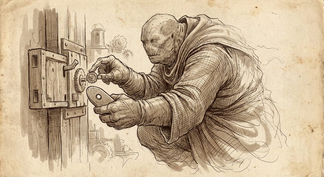 Halkri. Commutes two flicks each way to service the Great Gauge's door mechanisms, the only fittings in the district still built to her hand. Trues every witness mark with the one fine digit that does the work of the rest of an enormous hand, and scribes her lines with her grandmother's sighting stone, the flattest thing she owns, carried down from a ridge where the old woman could set a bearing to within a third of a degree by eye. Told him twice, unprompted, that she likes the job. Sent him to file a correction on somebody else's stair instead of her own rent, then went and stood on it herself to check.