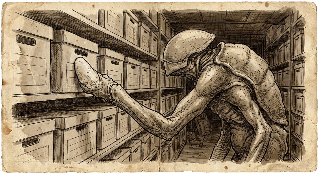 Osvær. Counts a shelf on the Holding Tiers by running a thumb worn pale and flat along the box spines without looking, the way you would know a room in the dark. Tells new starters the joke about the thing in the deep aisles that grows by exactly what you file, because a new starter afraid of it writes a careful manifest. Walked a stranger eleven minutes to the pillar where the deep hands cut a measure into the concrete once a year, and put his own thumb in this year's cut without being asked.